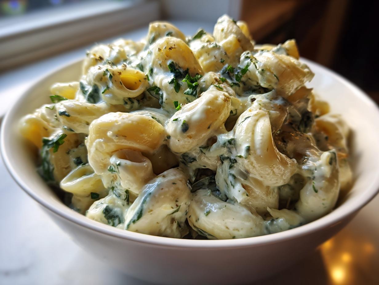 Close-up of creamy pasta coated in a rich sauce with visible spinach, part of the spinach artichoke meal.