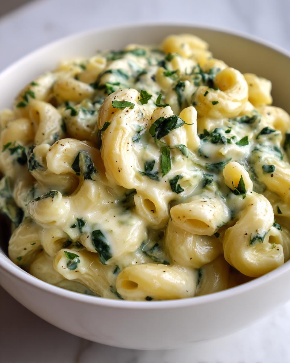 Close-up of creamy macaroni mixed with spinach in a white bowl, featuring the spinach artichoke flavor profile.