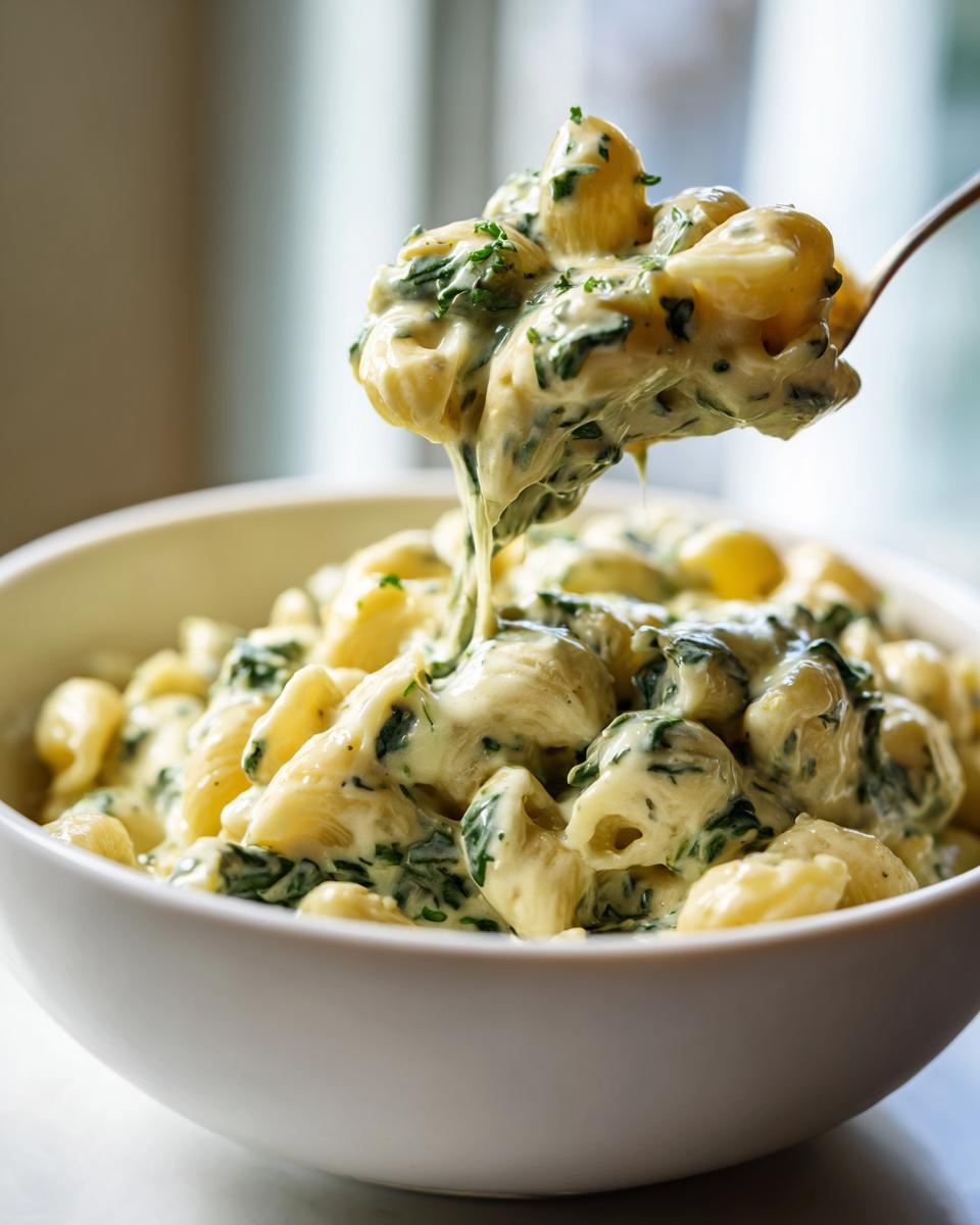 A spoonful of creamy spinach artichoke pasta being lifted from a white bowl, showing cheesy sauce and green spinach.