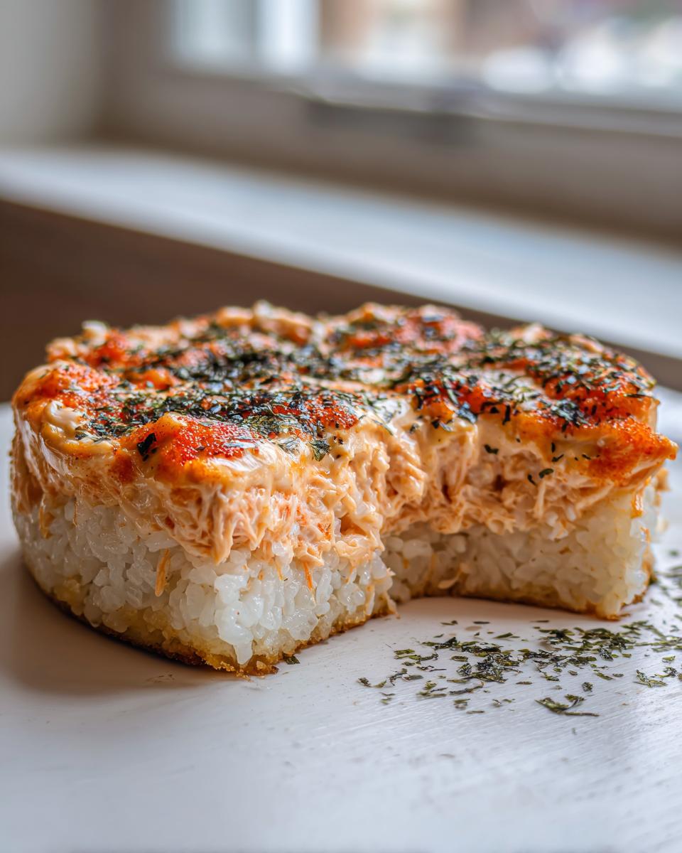 A thick slice of creamy sushi bake showing layers of rice and baked salmon topping, sprinkled with nori.