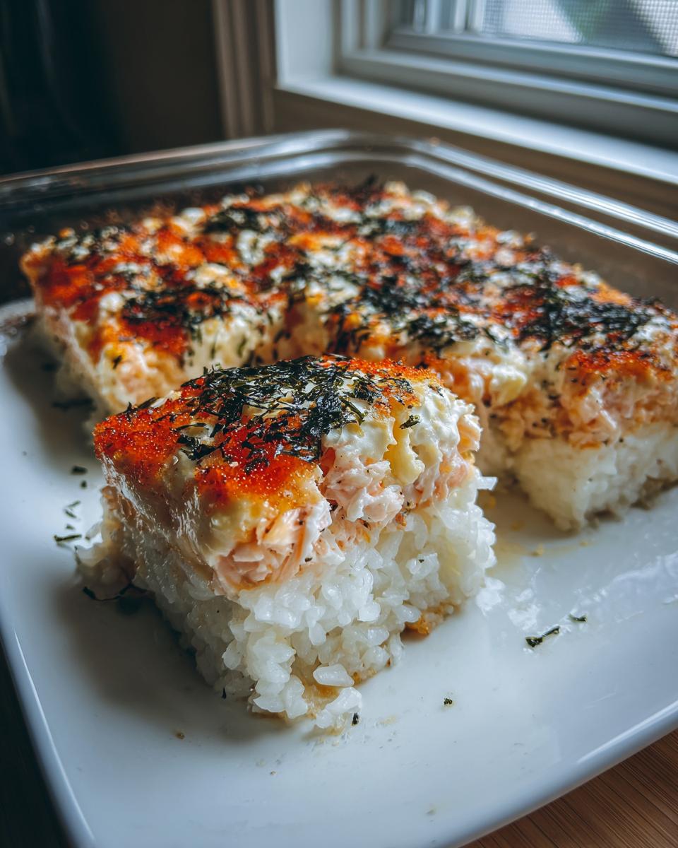 A square portion of creamy salmon sushi bake sitting on a white plate, topped with furikake.