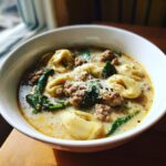 A close-up of a hearty bowl of creamy tortellini soup with sausage, spinach, and grated Parmesan cheese.