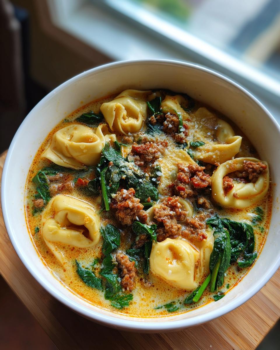 Close-up of a creamy, rich tortellini soup filled with cheese tortellini, ground sausage, and wilted spinach, topped with Parmesan.