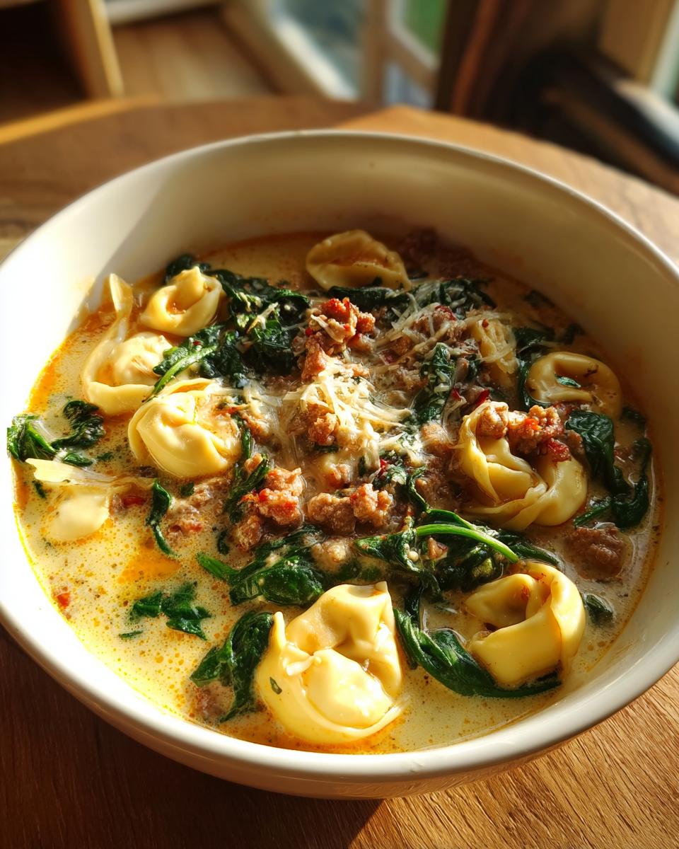 A close-up bowl of creamy tortellini soup featuring cheese tortellini, ground sausage, wilted spinach, and grated Parmesan cheese.