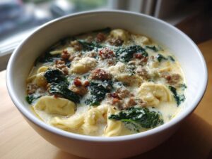 A close-up of a hearty bowl of creamy tortellini soup with sausage, spinach, and grated Parmesan cheese.
