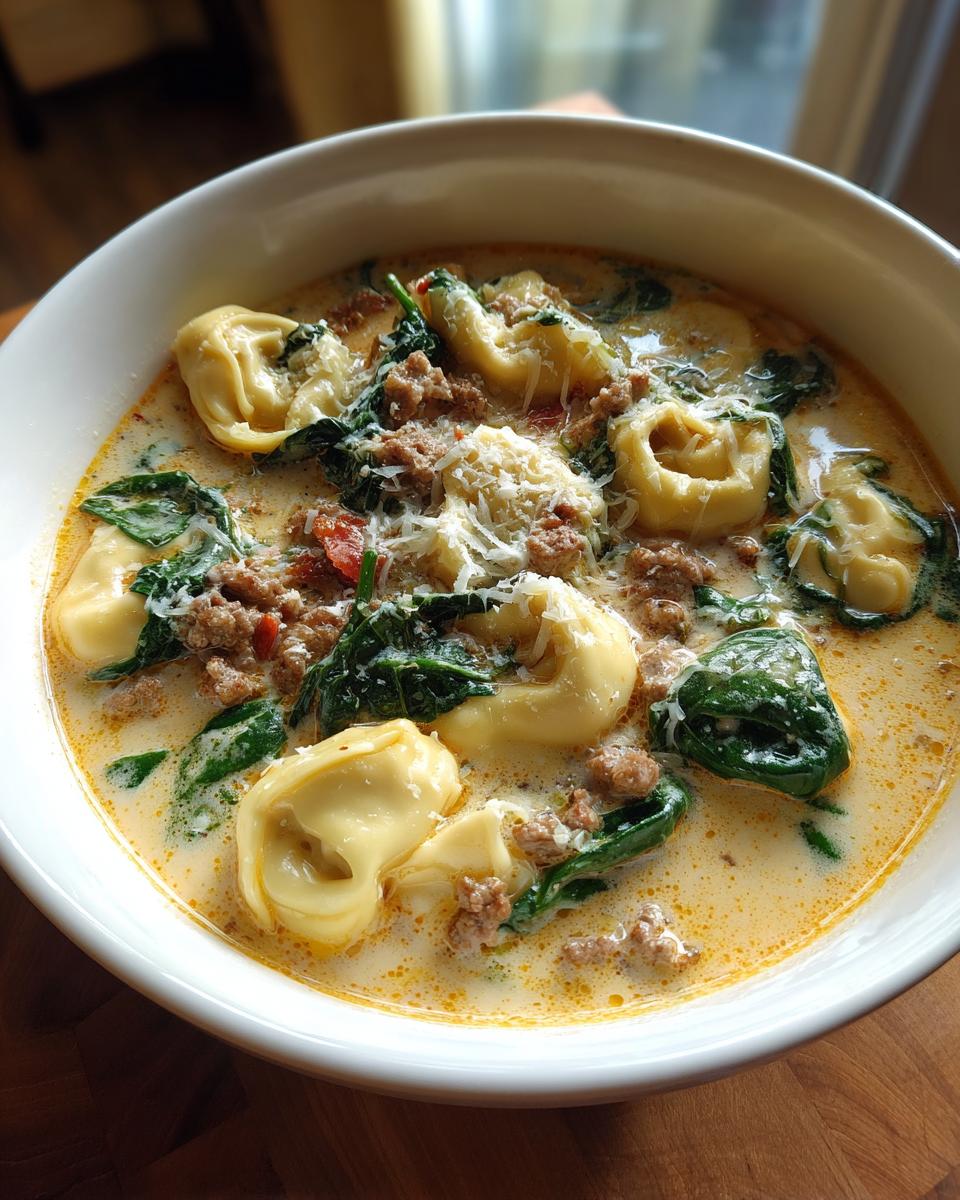 A close-up of a white bowl filled with creamy tortellini soup, featuring cheese tortellini, ground sausage, spinach, and grated Parmesan.