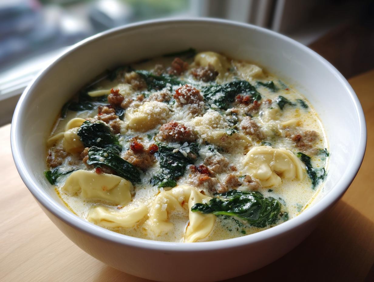 A close-up of a hearty bowl of creamy tortellini soup with sausage, spinach, and grated Parmesan cheese.
