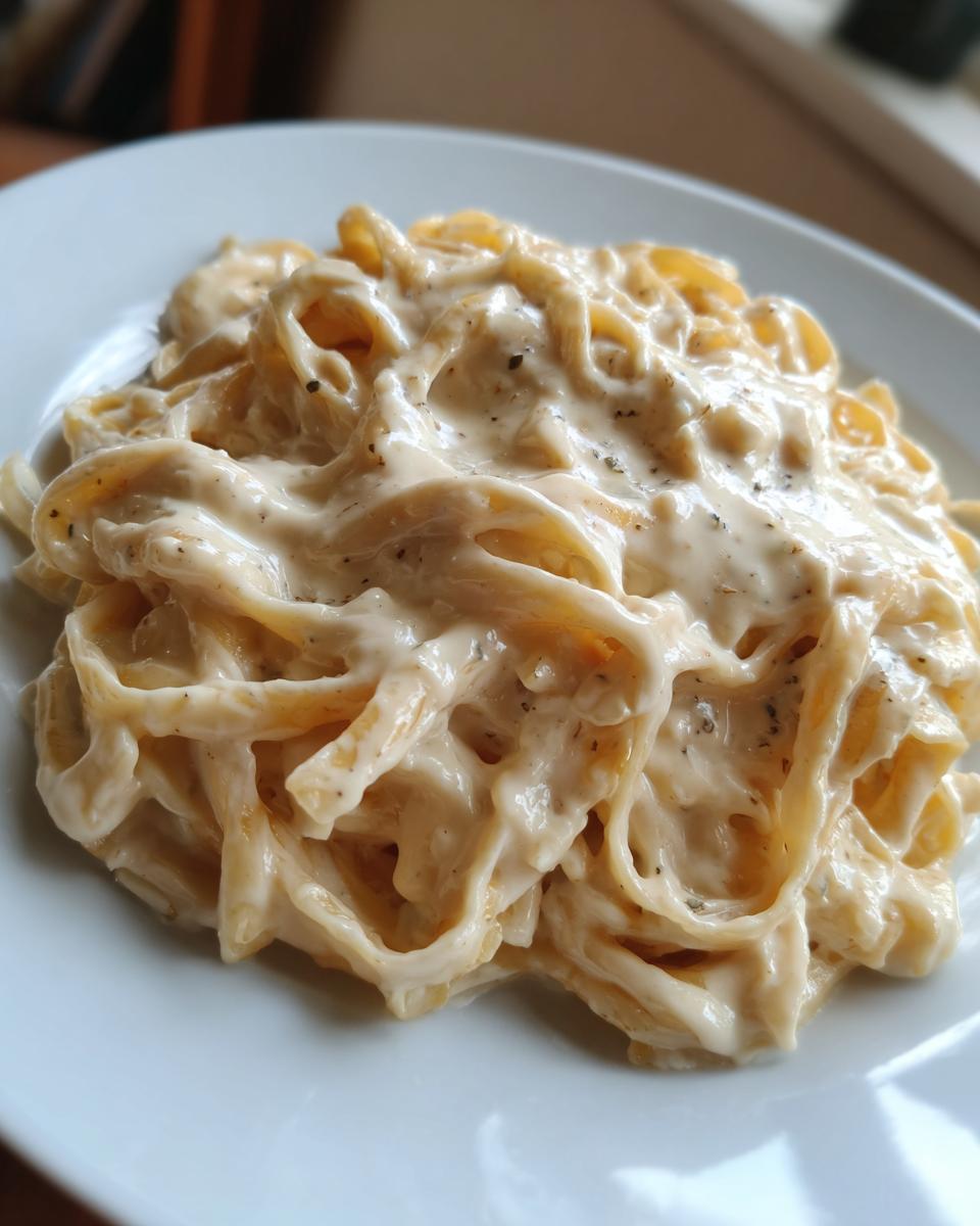 Close-up of fettuccine pasta generously coated in creamy vegan alfredo sauce, seasoned with pepper.