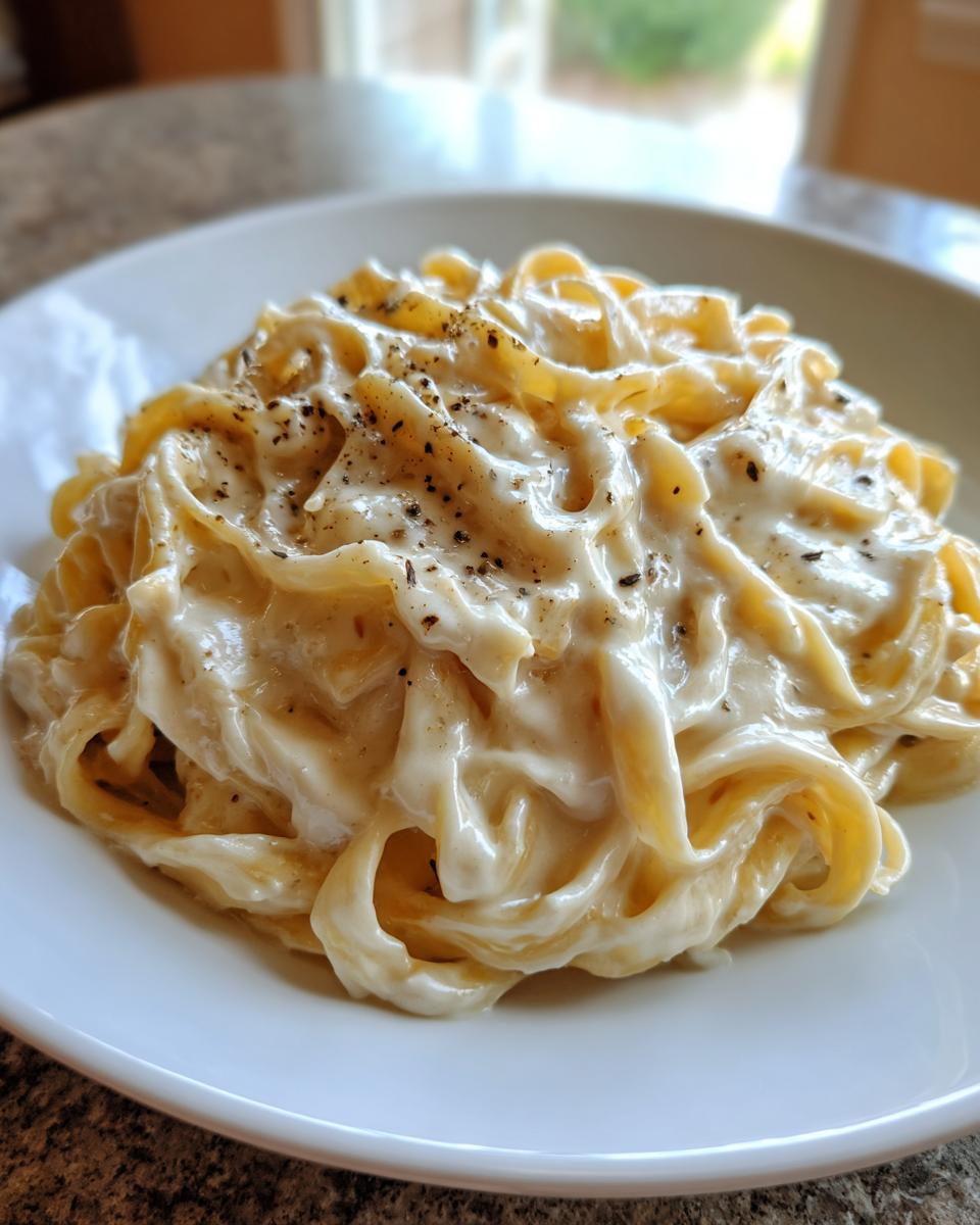 A close-up of fettuccine pasta coated in a rich, creamy vegan alfredo sauce and topped with cracked black pepper.