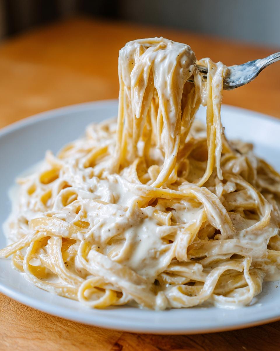 A fork lifts a tangle of fettuccine noodles heavily coated in creamy vegan alfredo sauce from a white plate.