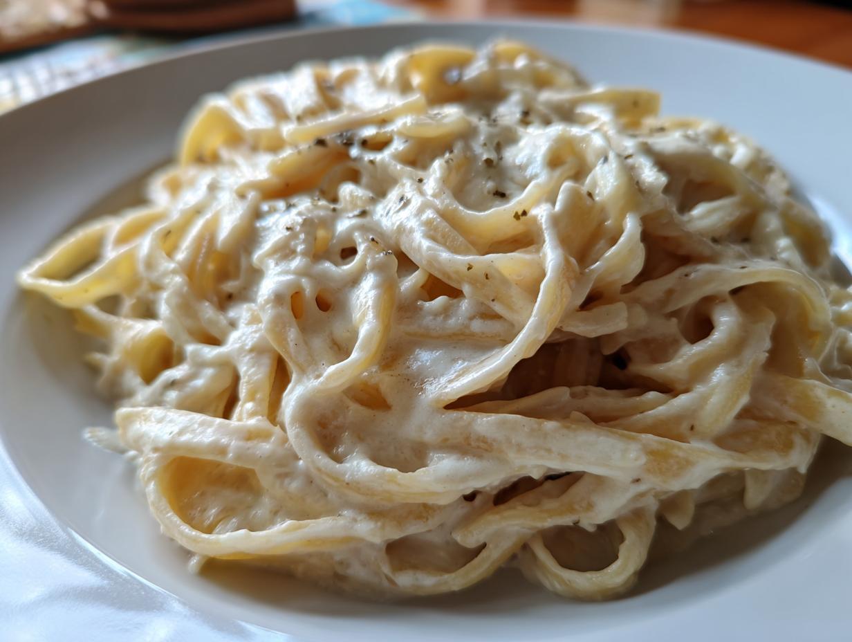 Close-up of fettuccine pasta generously coated in creamy vegan alfredo sauce and sprinkled with pepper.