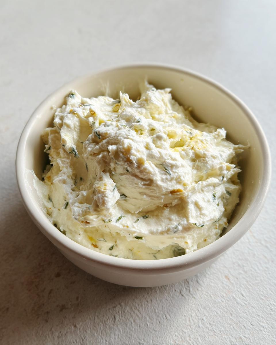 Close-up of a creamy, whipped white olive dip mixed with green herbs in a small ceramic bowl.