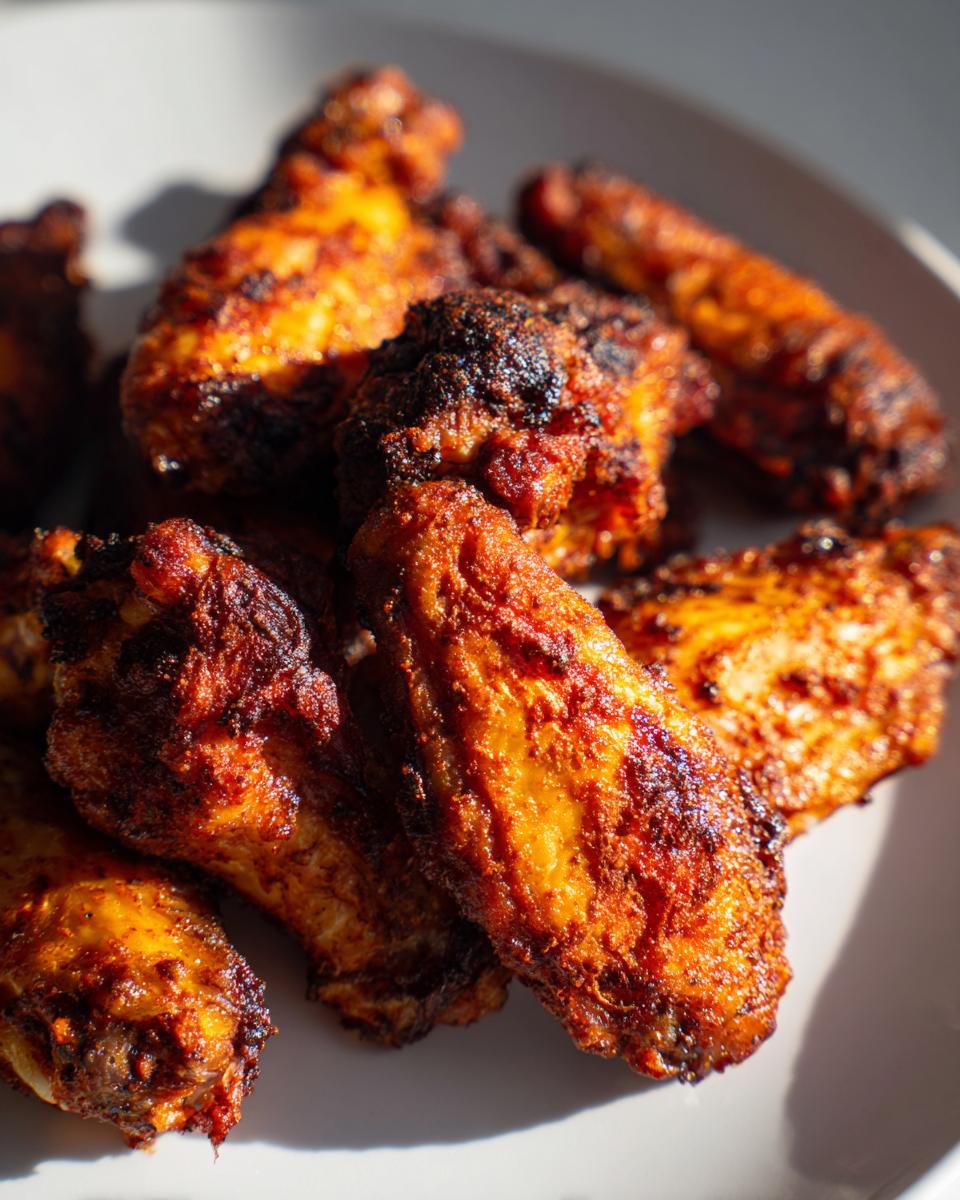 Close-up of deeply browned and crispy air fryer chicken wings piled on a white plate under bright light.
