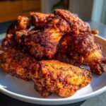 A close-up mound of intensely seasoned, crispy air fryer chicken wings piled high on a white plate.