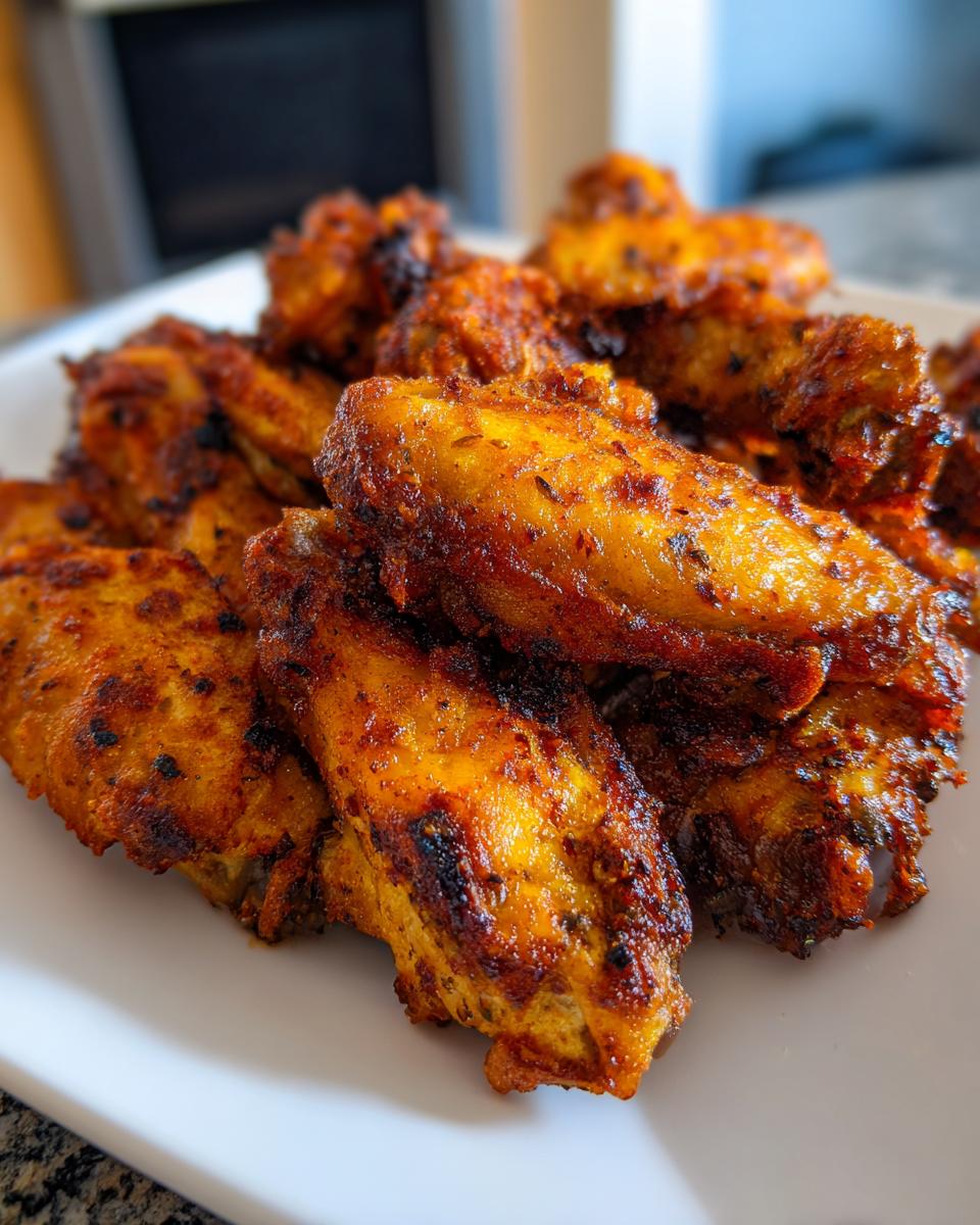 Close-up of a pile of golden brown, seasoned crispy air fryer chicken wings on a white plate.