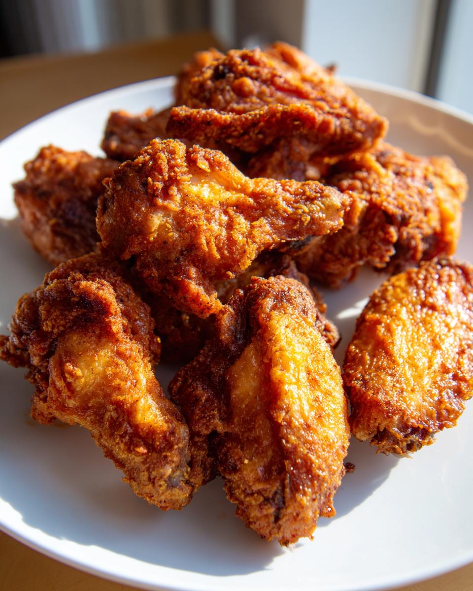 A pile of golden brown, crispy air fryer chicken wings stacked on a white plate.