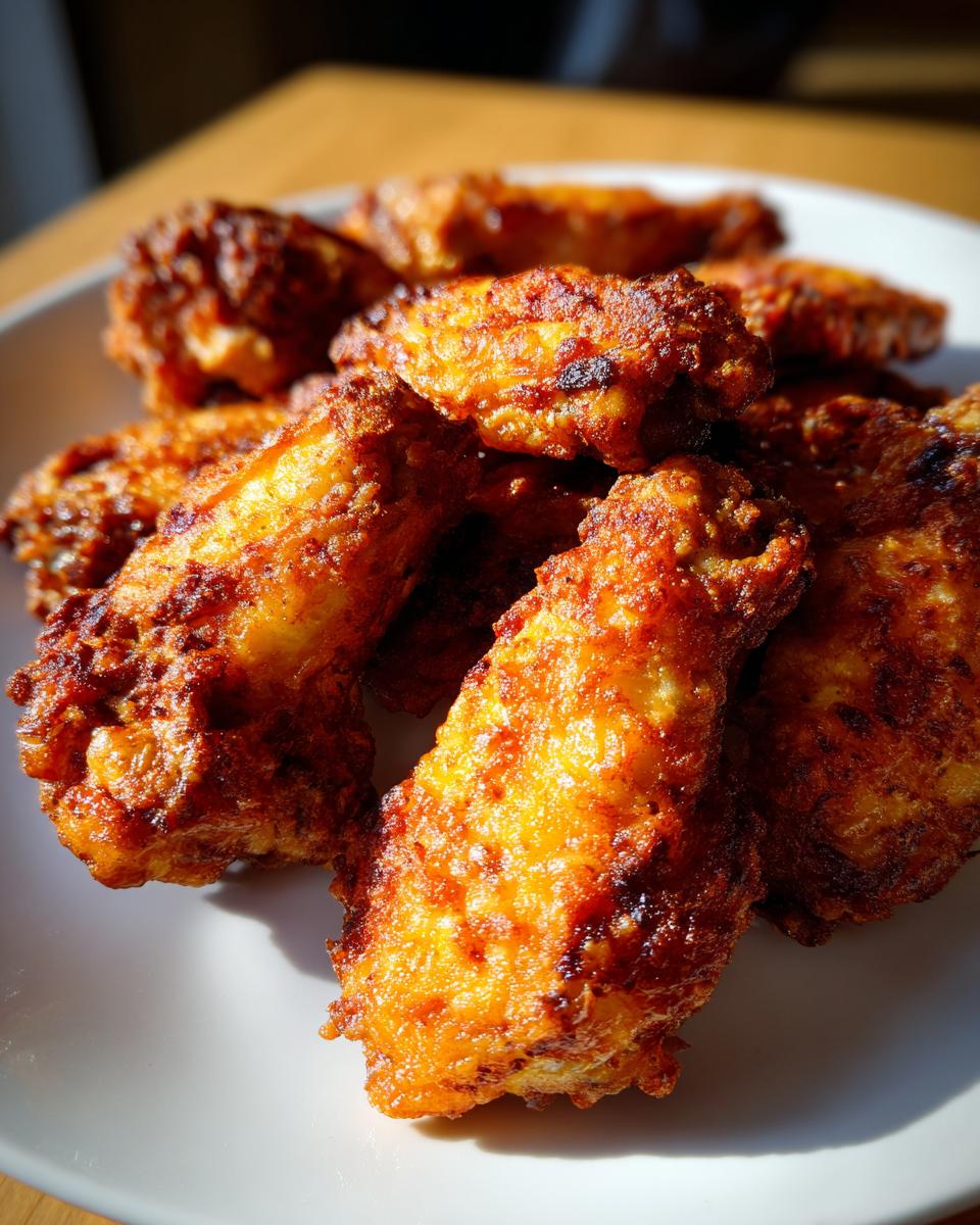 A close-up of golden brown, very crispy air fryer chicken wings piled high on a white plate.
