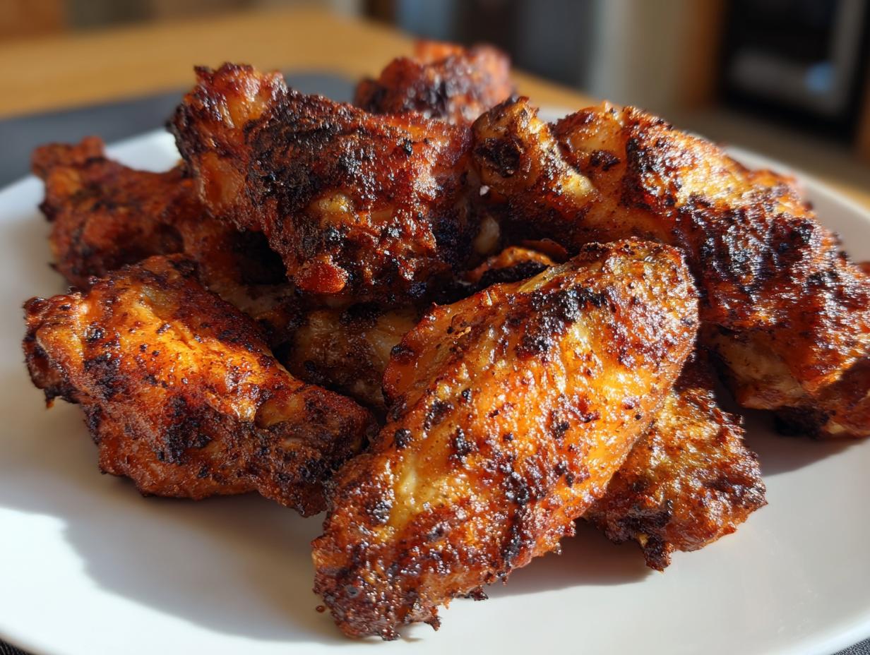 A close-up of a pile of deeply browned, crispy air fryer chicken wings on a white plate.