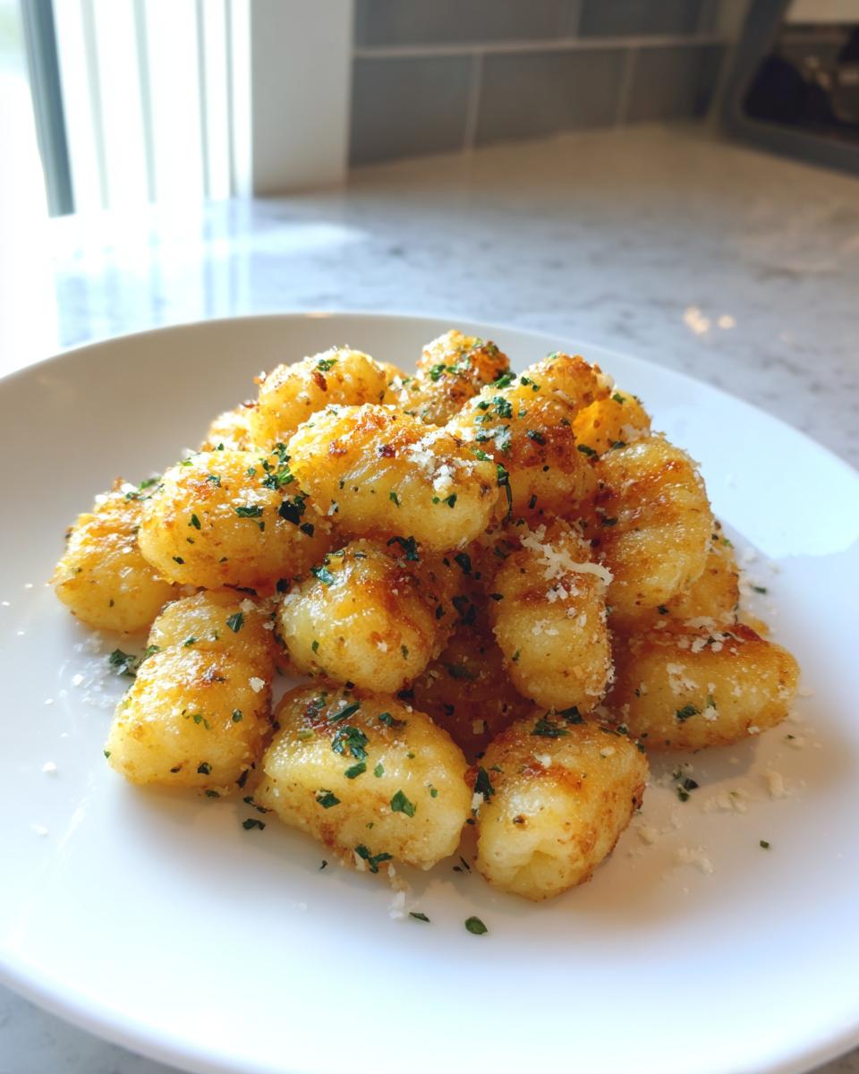 A pile of golden, crispy air fryer gnocchi topped with grated Parmesan cheese and fresh parsley on a white plate.