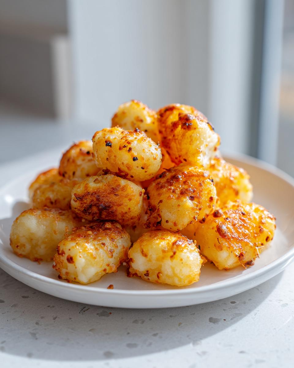 A pile of golden brown, crispy air fryer gnocchi seasoned with spices, served on a white plate.