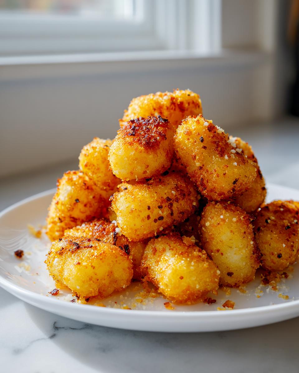 Close-up of a mound of crispy, golden brown air fryer gnocchi sprinkled with seasoning on a white plate.