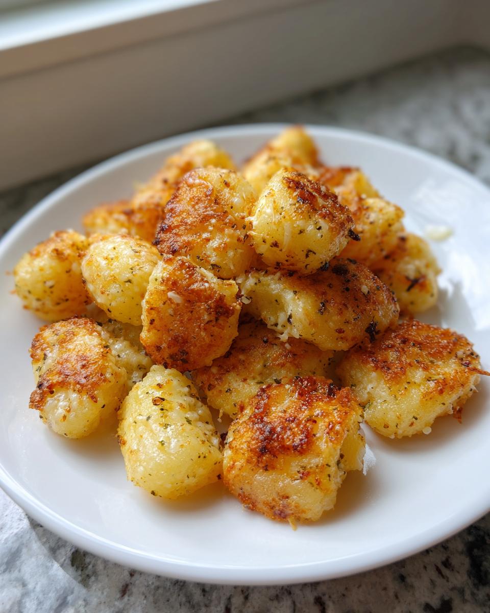 Close-up of golden brown, seasoned air fryer gnocchi piled on a white plate, ready to eat.