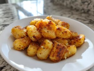 A close-up of golden brown, crispy air fryer gnocchi seasoned with garlic and pepper, served on a white plate.