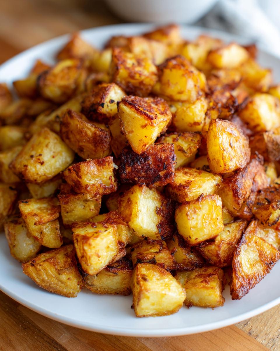 Close-up of a large serving of golden brown, crispy breakfast potatoes piled high on a white plate.