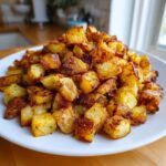 A large pile of golden brown, crispy seasoned breakfast potatoes served on a white plate.