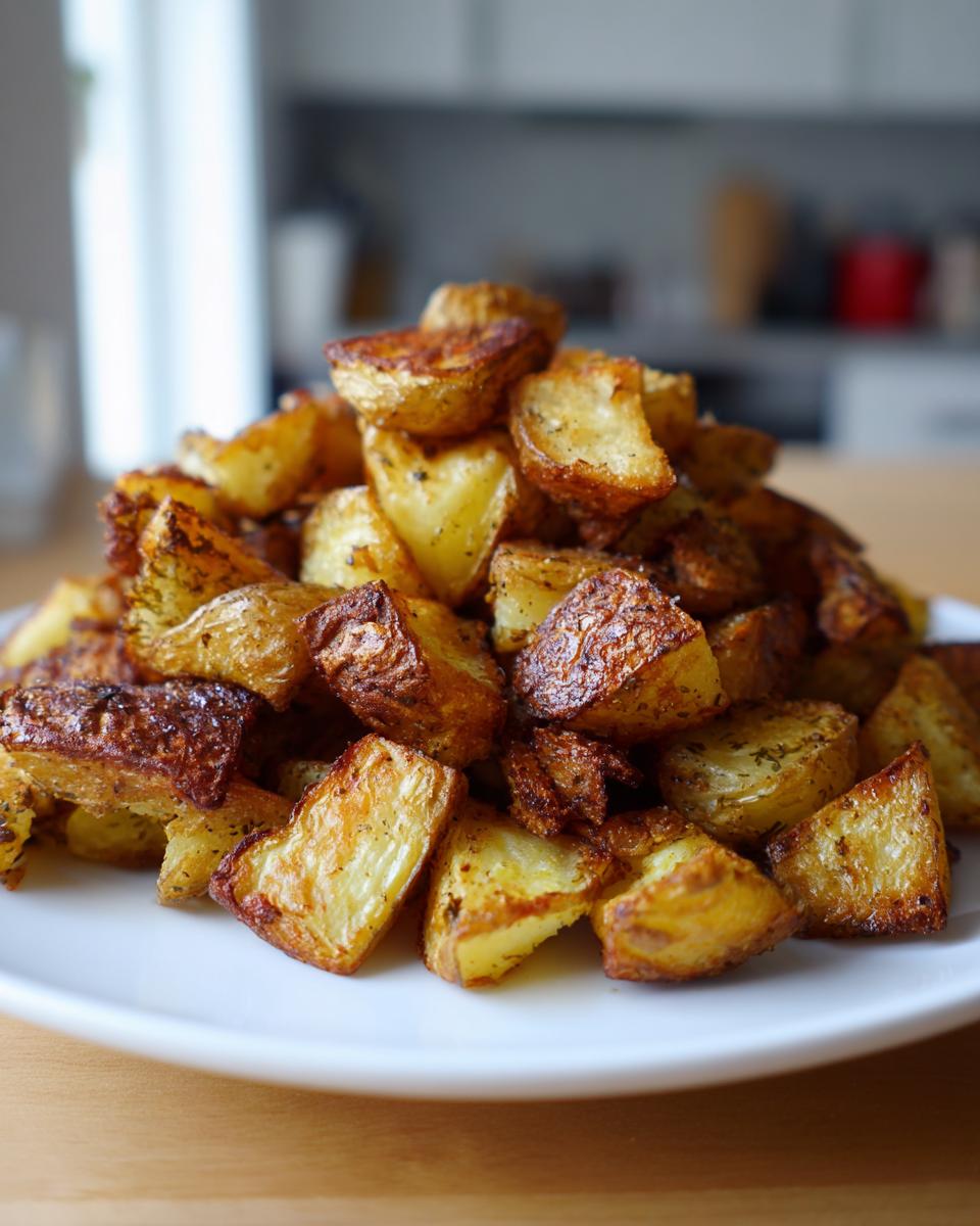 A large pile of golden brown, crispy roasted breakfast potatoes seasoned with herbs on a white plate.