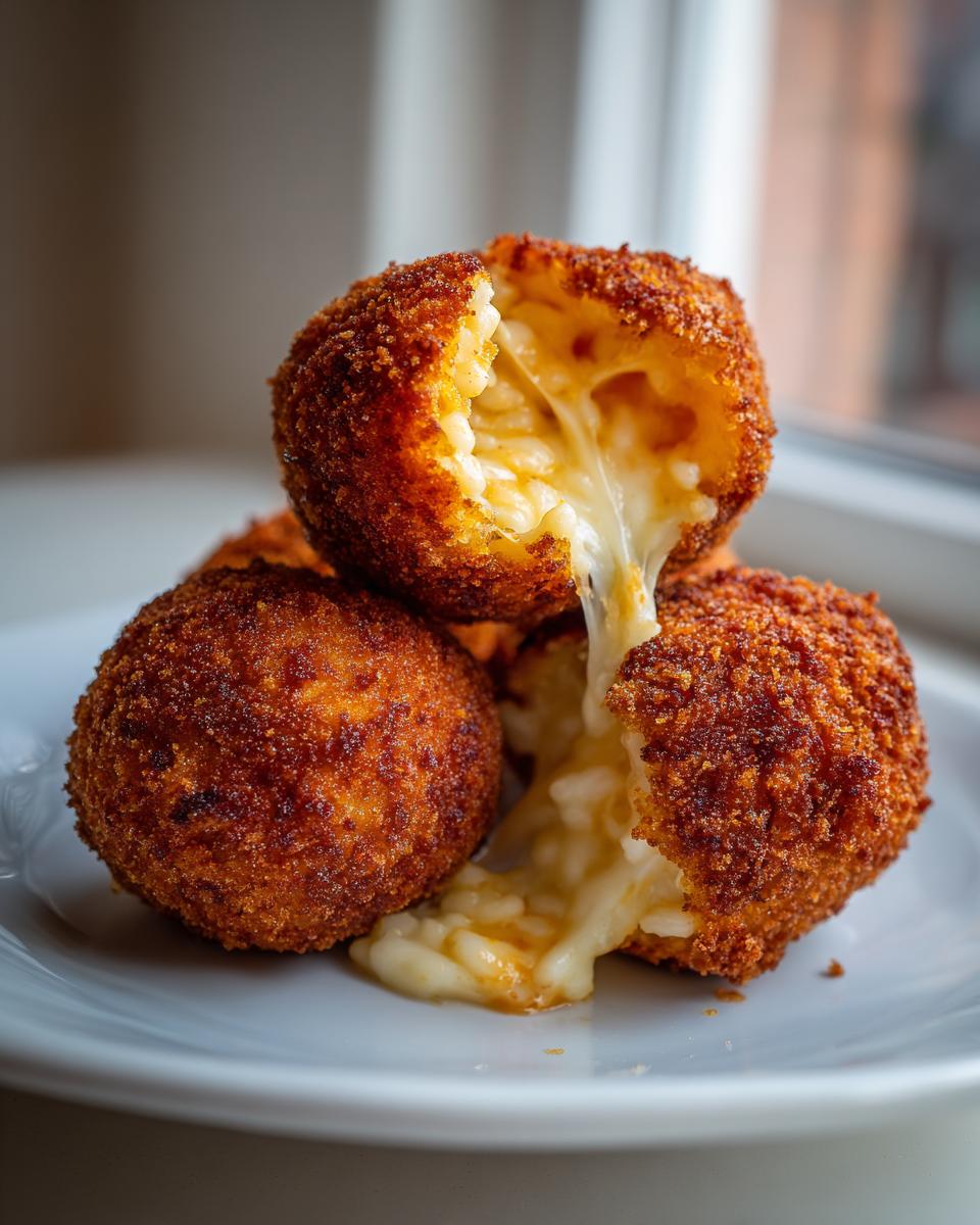 Close-up of golden-brown, crispy fried rice balls, one broken open showing melted, gooey cheese stretching out.