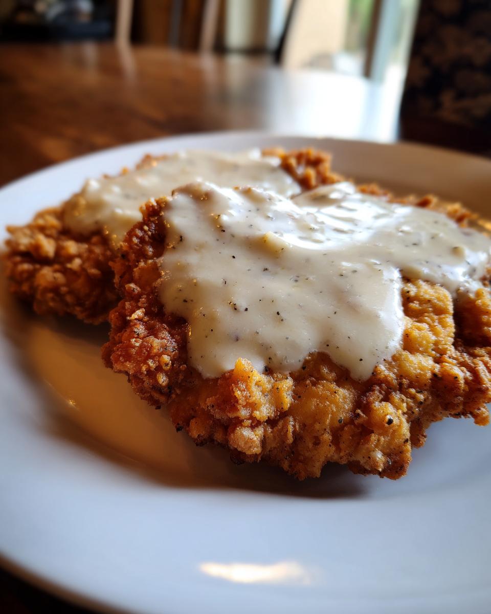 Two pieces of crispy, golden-brown chicken fried steak smothered in white peppered gravy on a white plate.