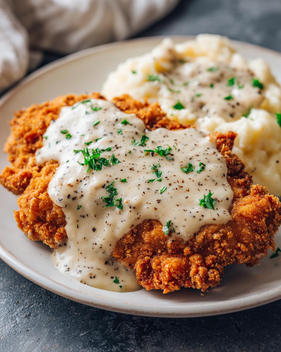 Close-up of perfectly crispy chicken fried steak smothered in creamy, black pepper gravy and served with mashed potatoes.