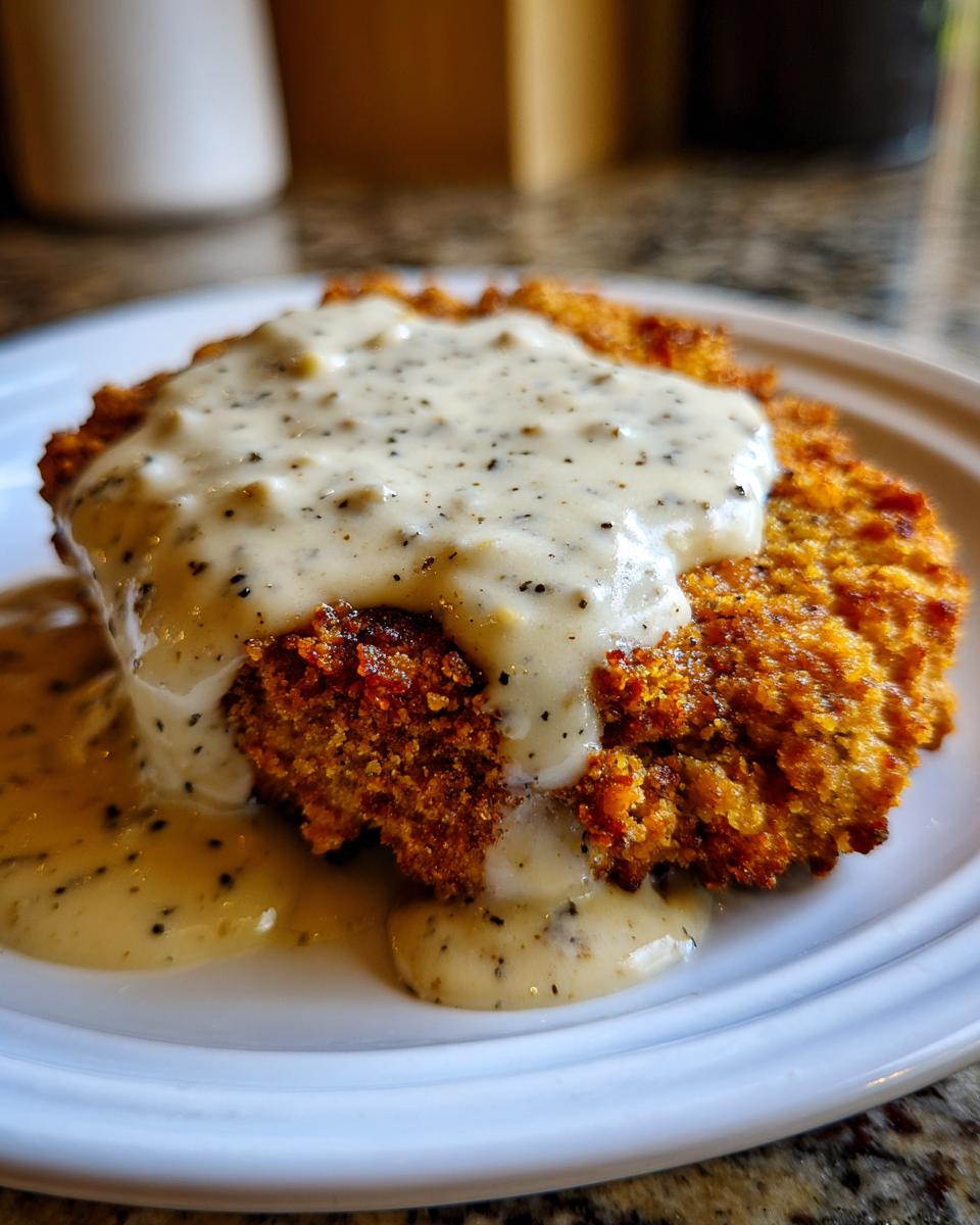 Close-up of a perfectly crispy chicken fried steak smothered in creamy black pepper gravy.