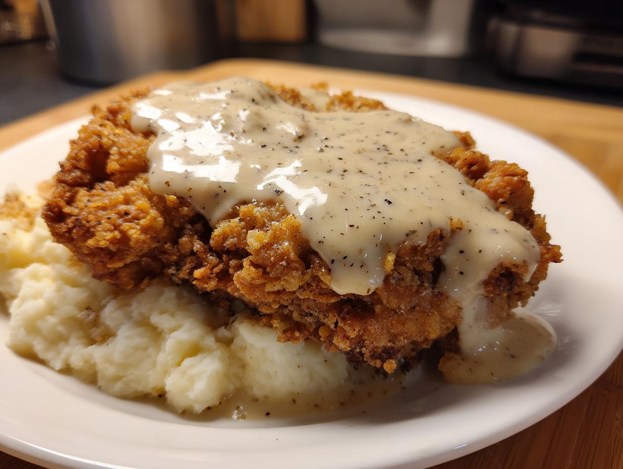 Close-up of a crispy, golden-brown chicken fried steak covered in peppered cream gravy, served over mashed potatoes.