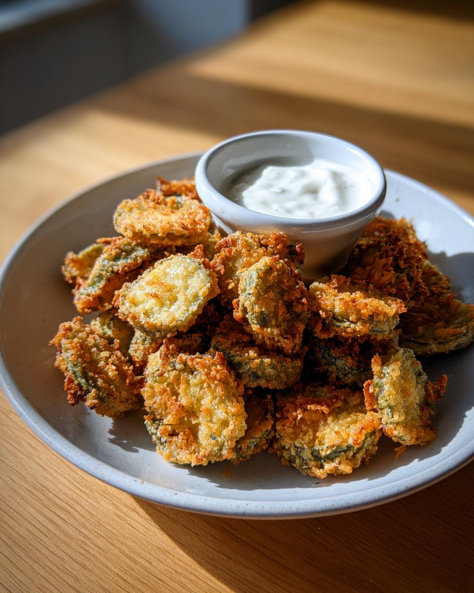 A plate piled high with golden brown, crispy Fried Pickles served with a small bowl of white dipping sauce.