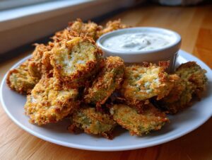 A plate piled high with golden brown, crispy fried pickles served next to a small white ramekin of creamy dipping sauce.