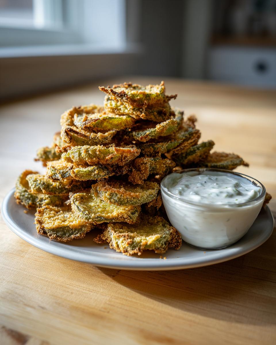 A tall stack of golden brown, crispy Fried Pickles served on a white plate next to a small bowl of creamy white dipping sauce.