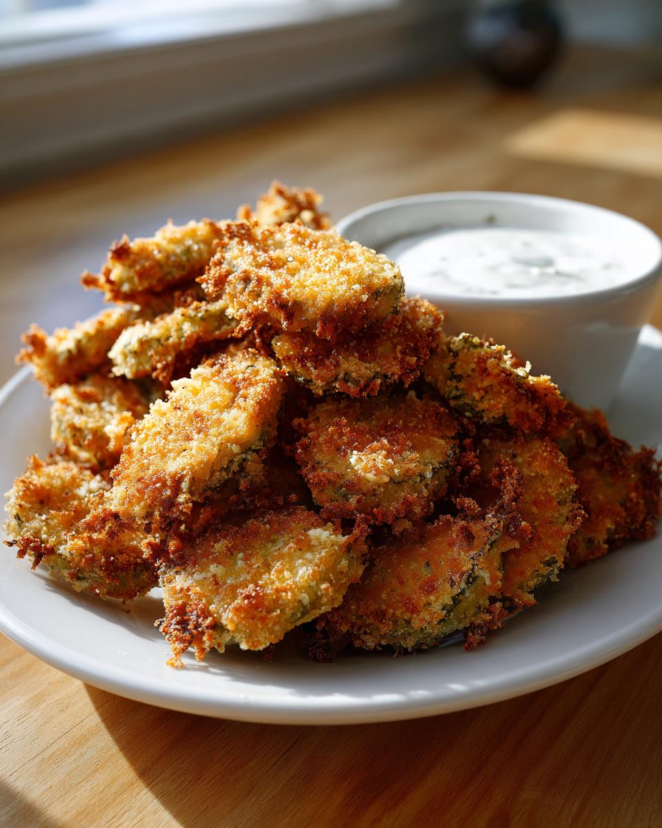 A pile of golden brown, crispy Fried Pickles served on a white plate next to a small bowl of white dipping sauce.