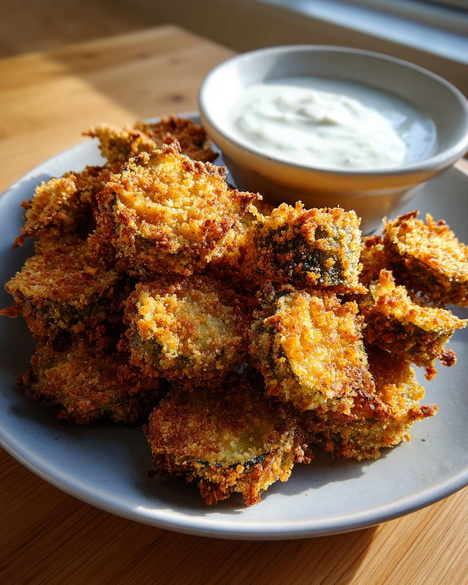 A plate piled high with golden brown, crispy Fried Pickles next to a small bowl of white dipping sauce.