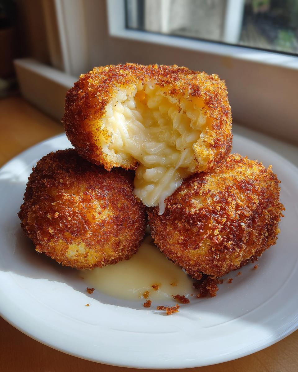 Three golden brown, crispy fried rice balls stacked on a white plate, with one broken open revealing a creamy, cheesy interior.