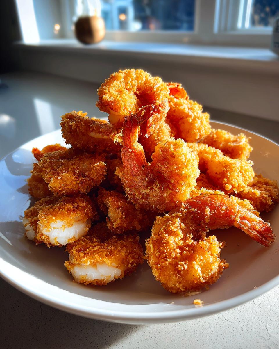 A generous pile of golden brown, crispy fried shrimp with tails on, served on a white plate.