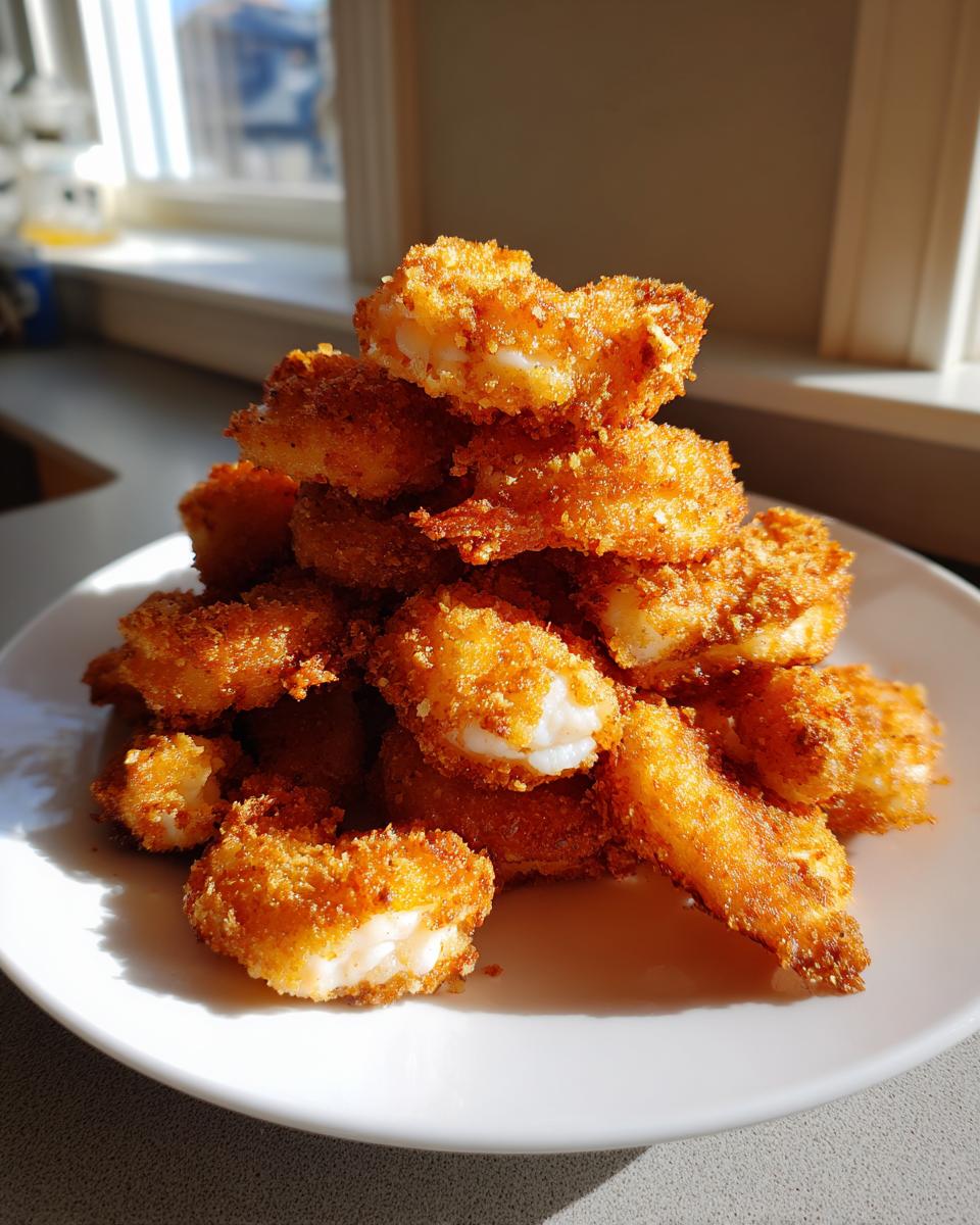 A tall stack of golden brown, crispy fried shrimp piled high on a white plate, catching bright sunlight.