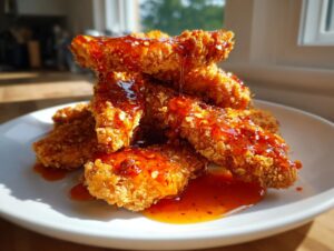 A stack of crispy, golden hot honey chicken tenders being drizzled with glistening hot honey sauce on a white plate.