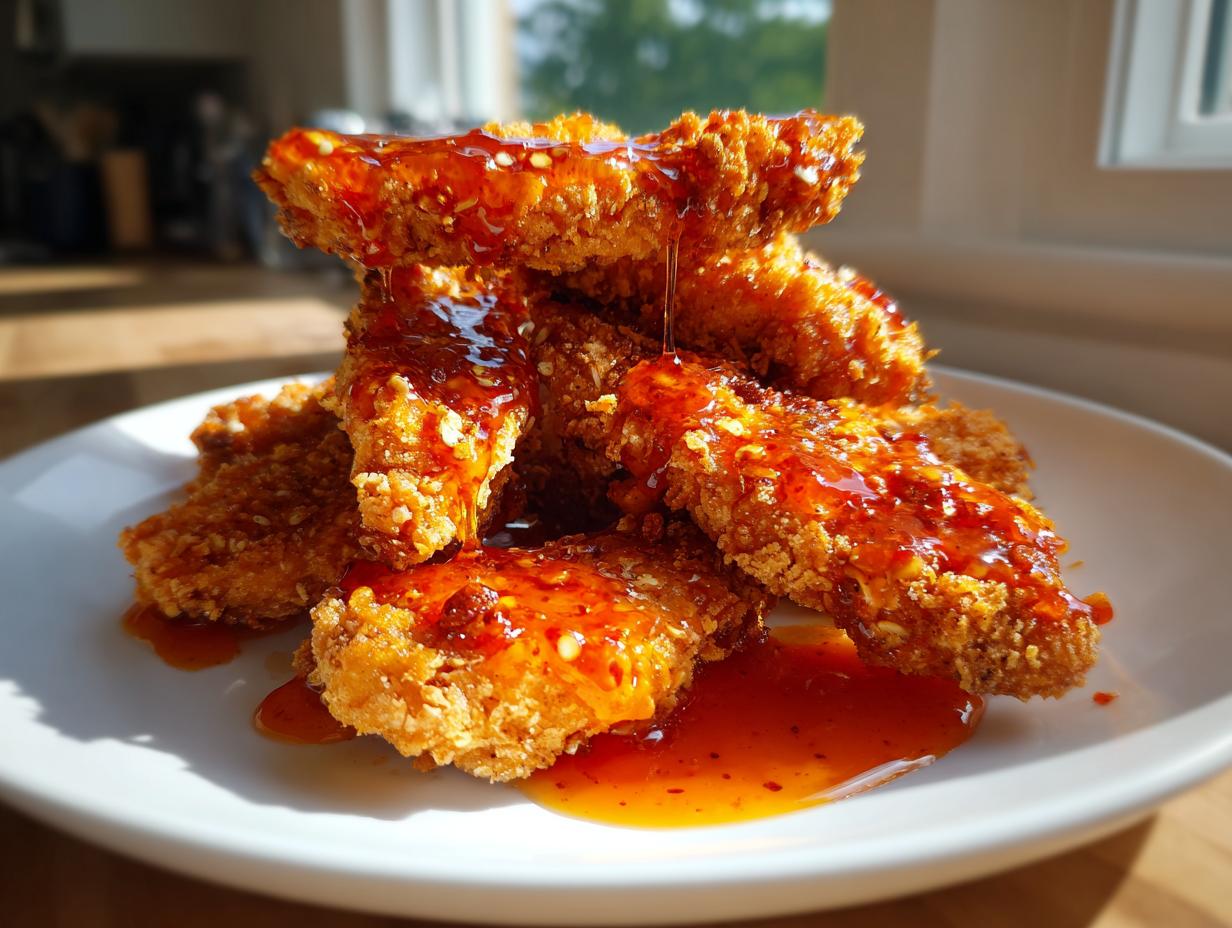 A stack of crispy, golden hot honey chicken tenders being drizzled with glistening hot honey sauce on a white plate.