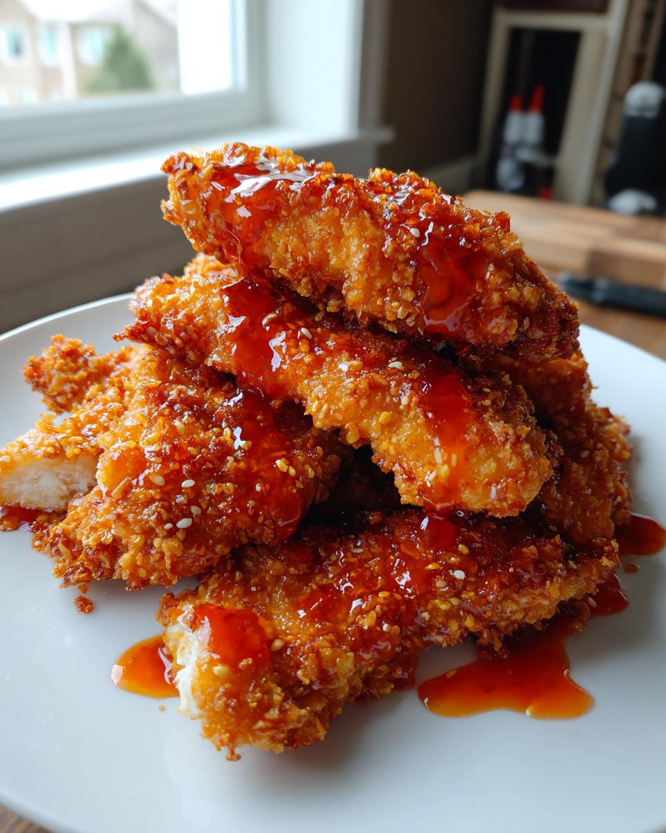 A stack of crispy, sesame-crusted hot honey chicken tenders drizzled with glossy sauce on a white plate.