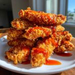 A tall stack of crispy, golden-brown hot honey chicken tenders drizzled with shiny, sweet glaze.