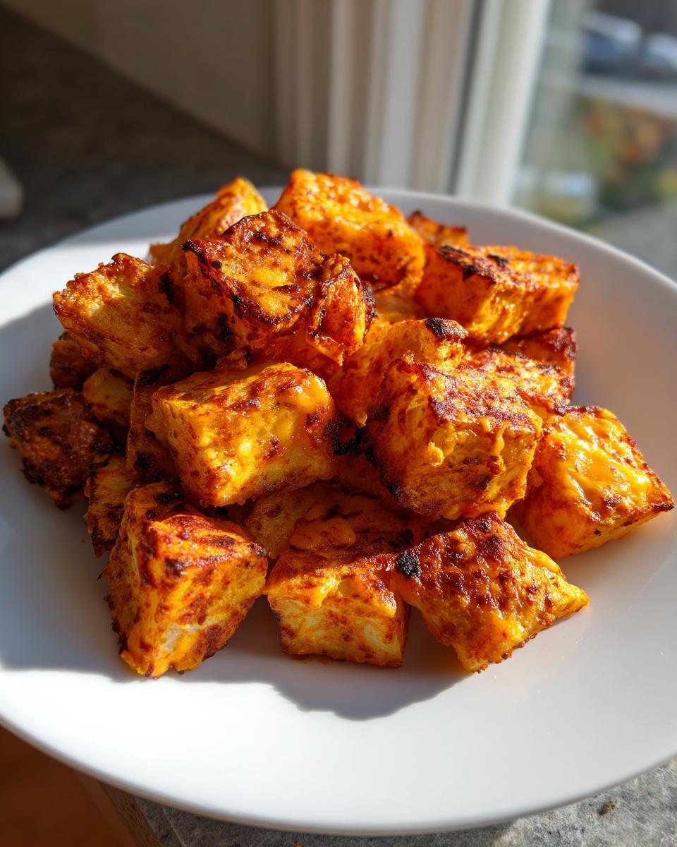 A close-up of perfectly seasoned and roasted Mexican Potatoes cubes piled high on a white plate, catching bright sunlight.