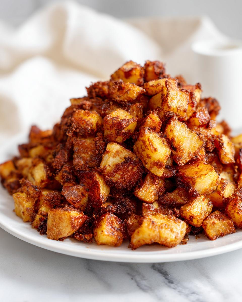 A large mound of perfectly seasoned and crispy breakfast potatoes piled high on a white plate.