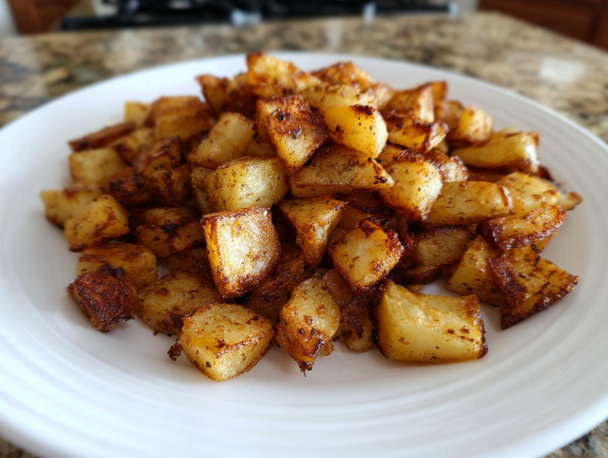 A mound of golden brown, crispy seasoned breakfast potatoes piled high on a white plate.